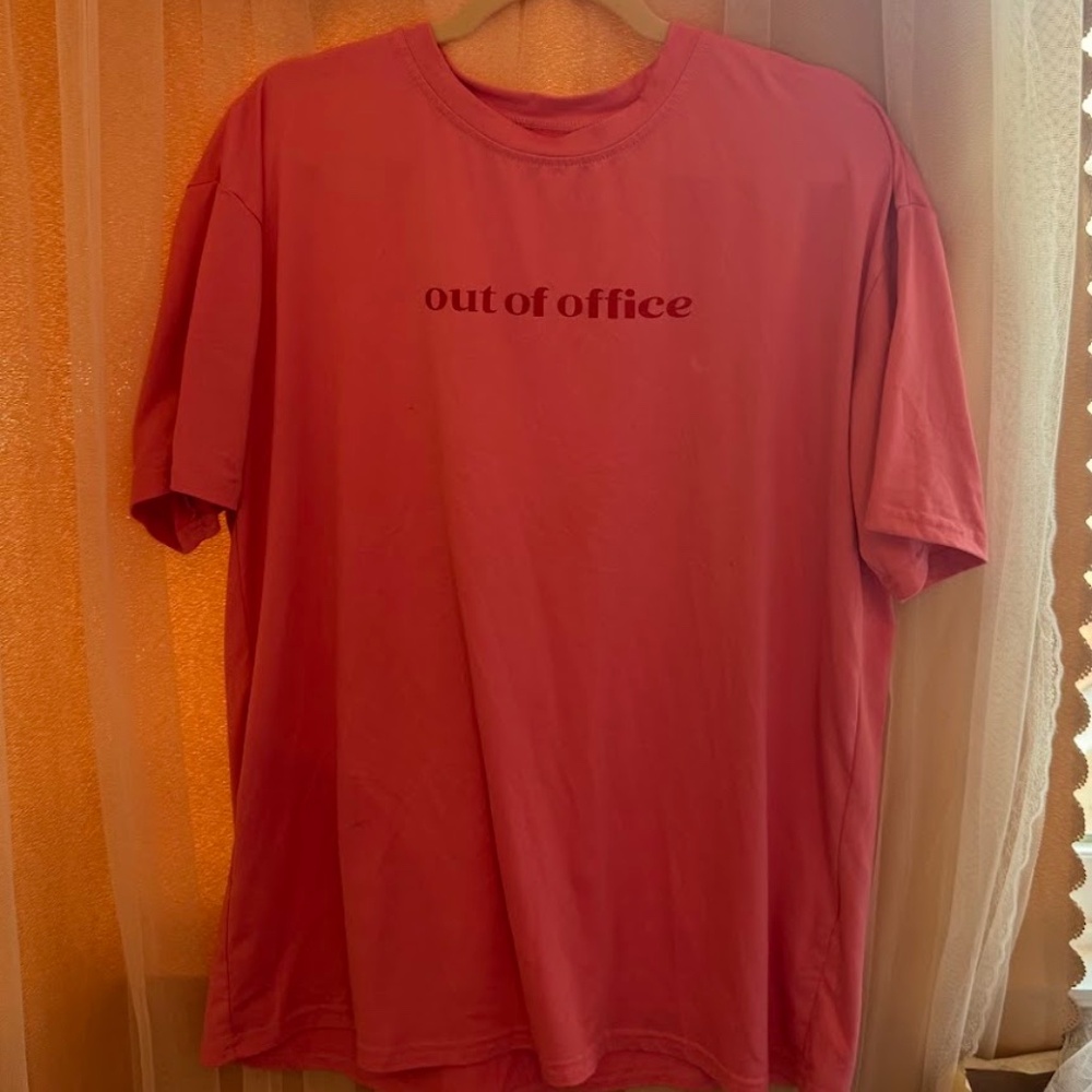 hot pink "out of office" shirt
